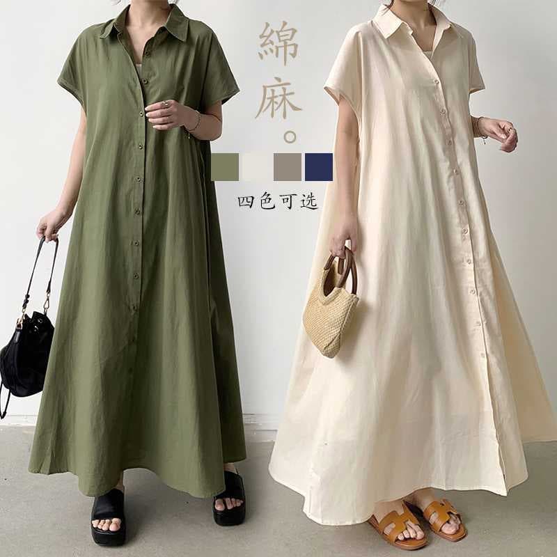 Real shot Japanese Rakuten Korean foreign single skirt short-sleeved cotton and linen dress women's loose lapel casual shirt dress