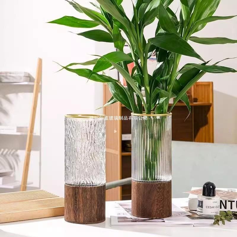 Hot style wooden support glass vase silver willow inserted dry vase hydroponic rich bamboo large vase living room decoration ornaments