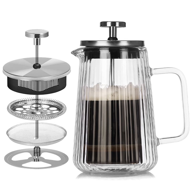 High-Quality Glass Double-Layer French Press, Heat-Resistant Coffee Sharing Pot, Vertical Stripe Coffee Maker, Household Filter Tea Infuser