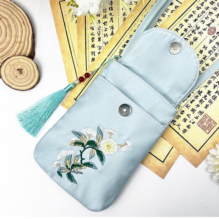 Crossbody adjustable double-layer mobile phone bag summer small bag mobile phone cloth bag bright silk satin embroidered mobile phone small shoulder bag