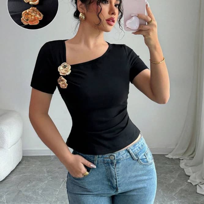 European and American Cross-Border Amazon Pure French Pleated 3D Rose Short Sleeve T-Shirt for Women, Waist-Cinching Niche Cropped Top