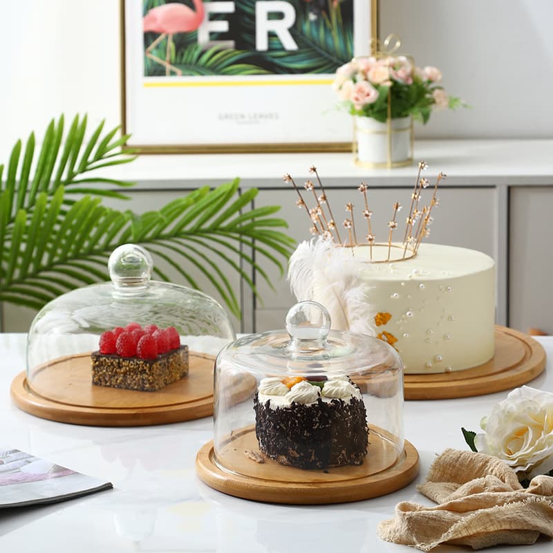 New Cake Tray Glass Dome Display Stand Dessert Fruit Plate with Wooden Base