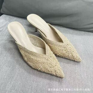 2026 Spring/Summer New Style Elegant Woven Embroidery Pointed Toe High Heel Backless Mules Celebrity High Heel Half Slippers
