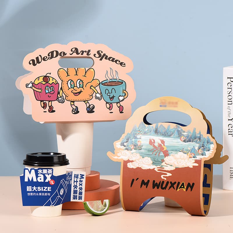 Disposable cute irregular-shaped cardboard cup holder for single cups, milk tea, coffee, or creative takeaway cup holders.