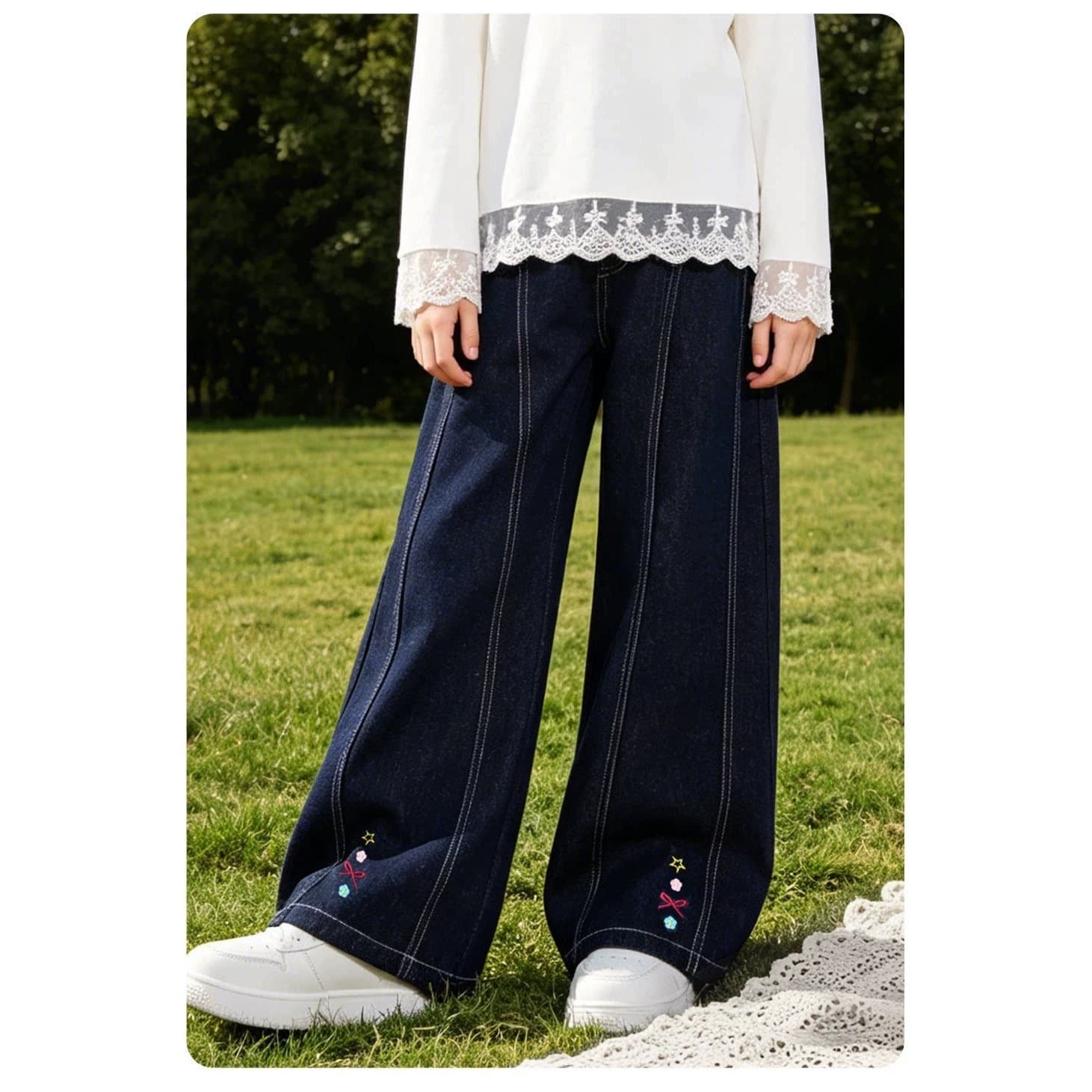 Girls' Mid-Rise Jeans Summer Thin New Slim Wide-Leg Pants Stylish Slimming Paneled Curved-Cut Jeans