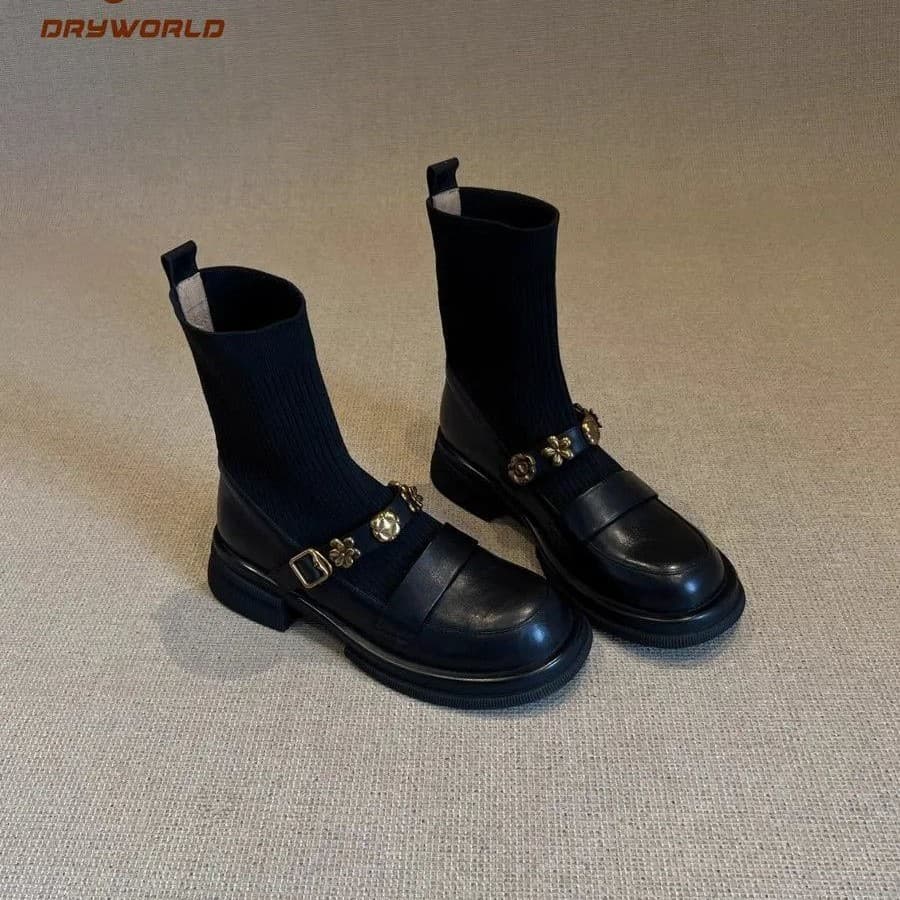 Thick Sole Metal Buckle Elastic Ankle Boots Retro Academic Style Knitted Slim Boots Women Versatile Loafer Sock Boots Macy's