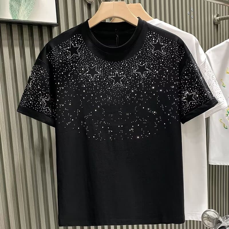2025 European station fashion brand light luxury men's T-shirt short-sleeved star hot diamond Internet celebrity hot model high-end niche half-sleeved T-shirt