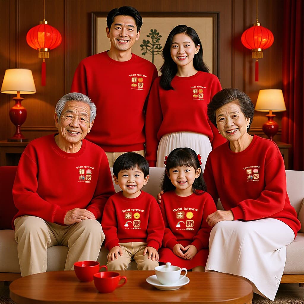 Zodiac Year Full Family Set Festive Bright Red Hoodie Parent-child Outfit Autumn Winter New Grandparents Family Portrait Top