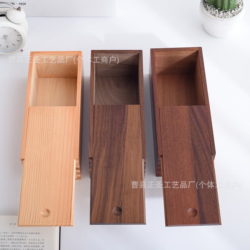 Minimalist Sliding Lid Pine Wood Gift Box, Long Solid Wood Rectangular Box, Small Burnt Color Tea Gift Packaging Box