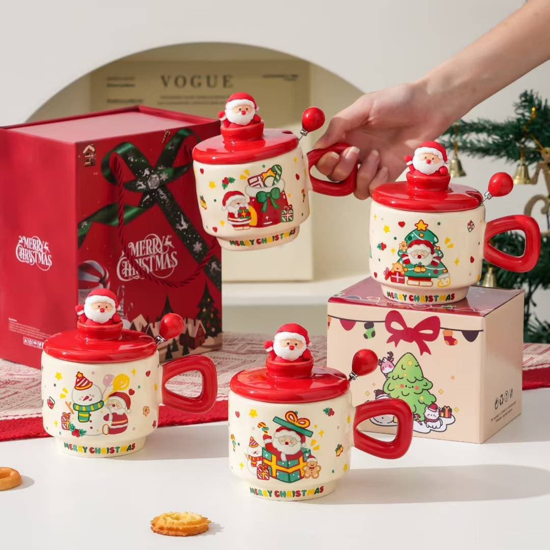 High-Appearance Christmas Gift Ceramic Cup with Lid and Spoon Household Cartoon Cute Breakfast Couple Water Cup Mug Wholesale