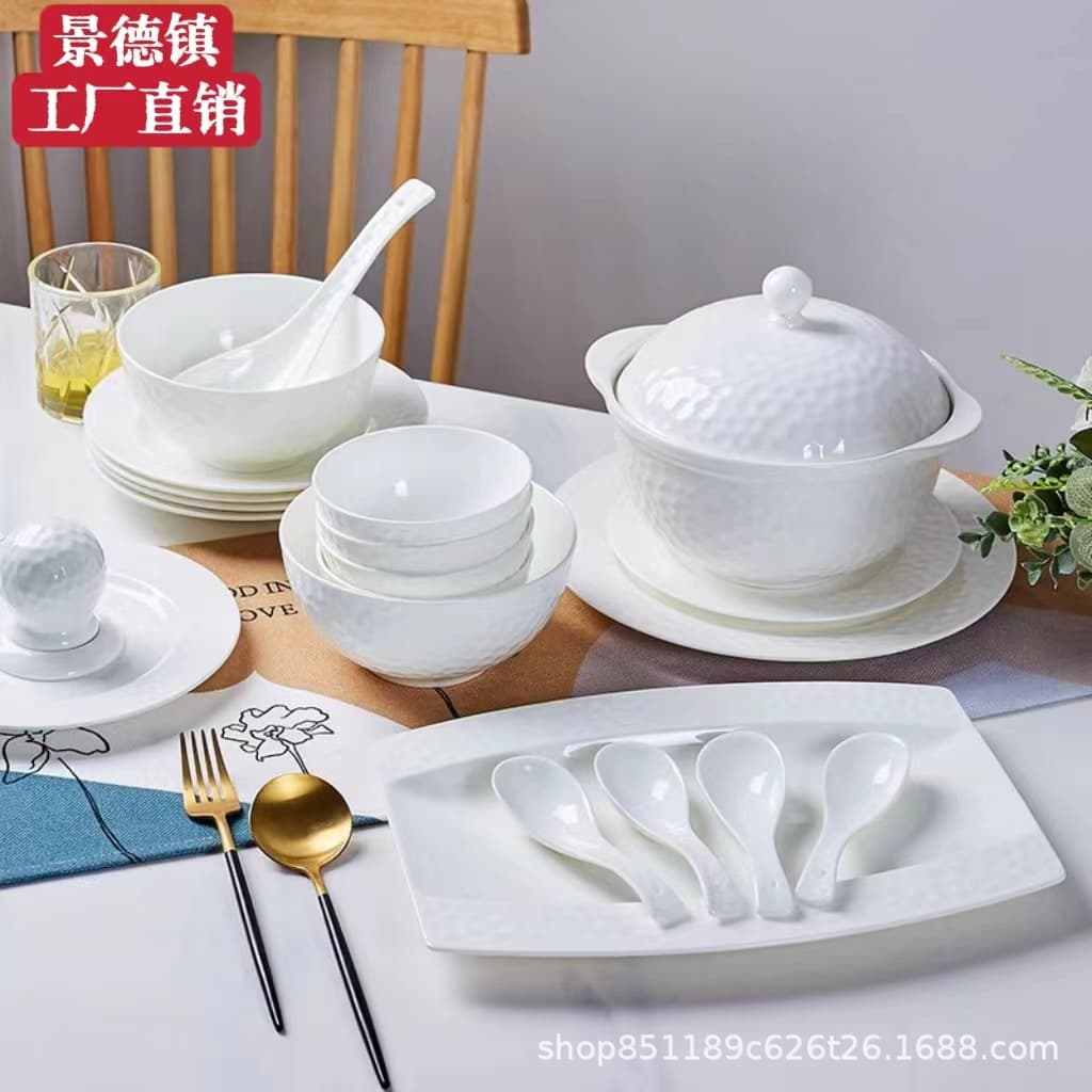Bone China Water Cube Dinnerware Set Bowls and Plates Chinese Style Home Pure White Minimalist Porcelain Noodle Bowl Rice Bowl Housewarming