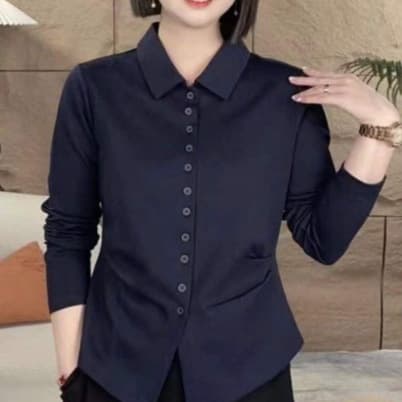 2025 Autumn New High-Stretch Cotton Waist-Cinching Fashion Long-Sleeve Shirt Women's Solid Color Lapel Inner Wear Blouse