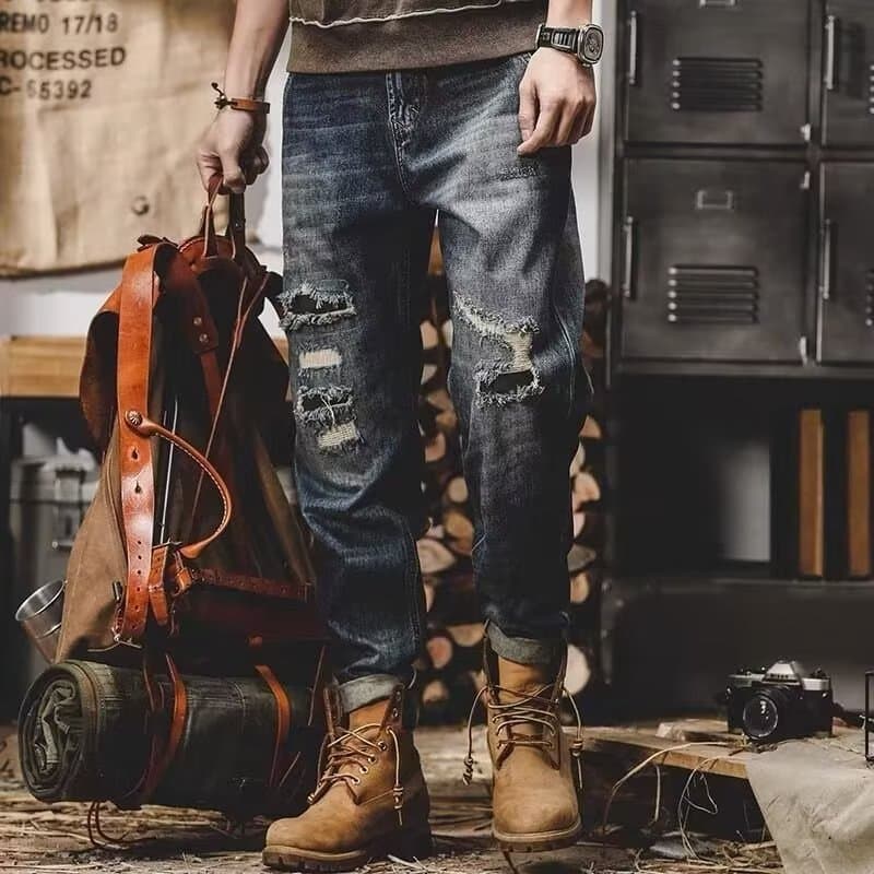 2026 Spring/Summer New Blue Distressed Stretch Jeans for Men, Korean Trendy Versatile Ripped Slim Fit Skinny Pants
