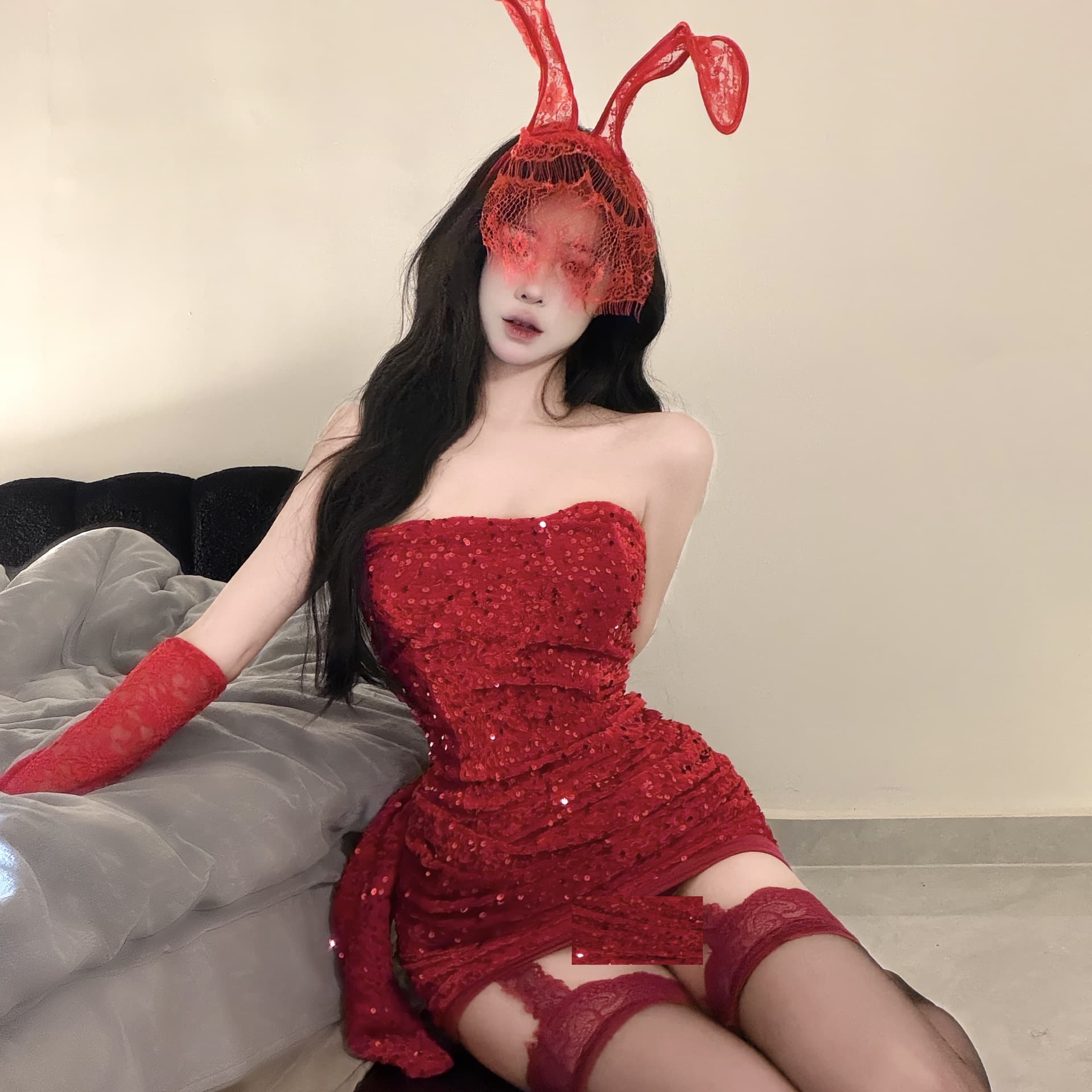 Goddess Arrival Red Sequin Strapless Bodycon Velvet Dress with Waist Cinching, New Year Hot Girl Outfit, Pure Desire Set