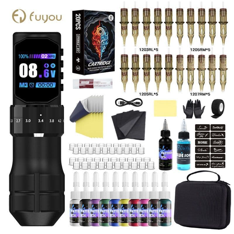 Adjustable Stroke Battery Pen Tattoo Set Large Color Screen Multi-Function Prick Tattoo Power Pen Color Materials Complete Set Cross-Border
