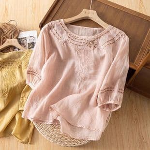 Cross-Border Cotton Linen Top Women's High-End Vintage Loose Large Size Embroidered T-Shirt Summer New Thin Short Sleeve Blouse