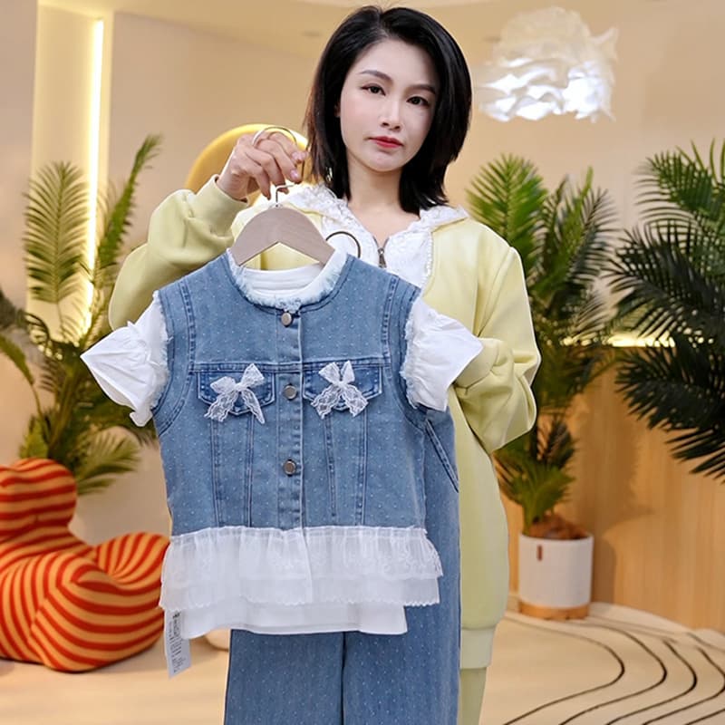 Girls' Set 2025 Korean-Style Chic Denim Casual Three-Piece Outfit for Spring and Autumn Fashionable Denim Vest Set