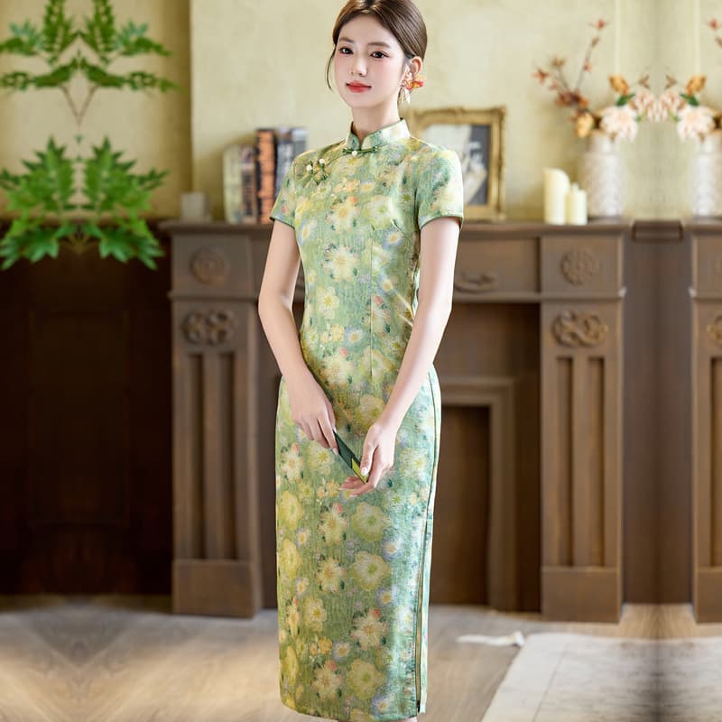 2026 new summer style mid-length cheongsam mercerized cotton dress green retro daily Chinese style girl looks slim and elegant