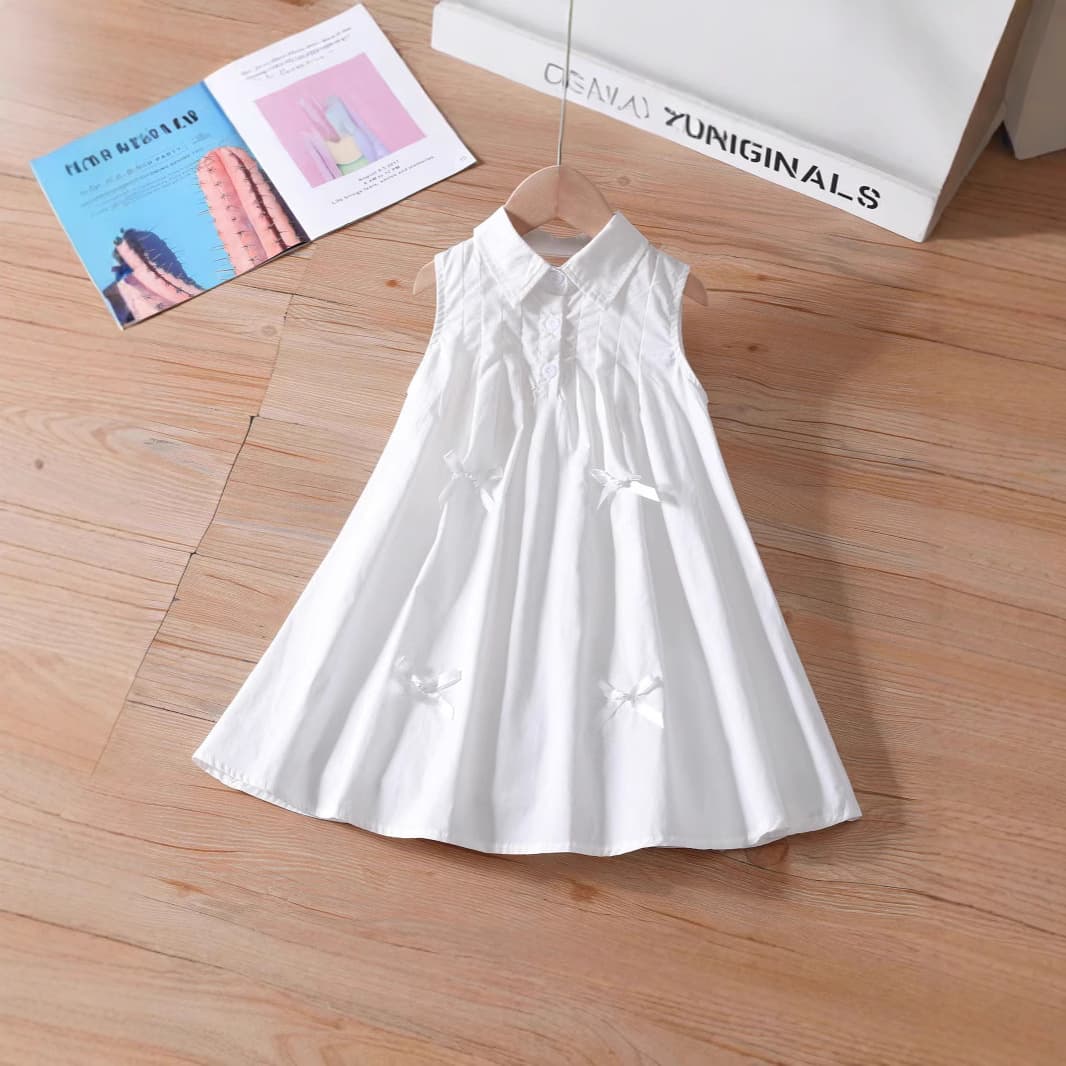 Girl's Back Large Bow Dress Girl Shirt Vest Dress Cotton Pure White Beach Dress Tie-Dye White Base