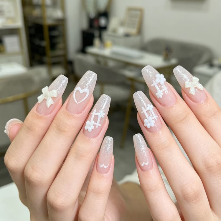Summer New Heart Bow Wearable Nails Fine Shimmer Light Nude Pink Small Flower Nail Stickers Finished Fake Nail Pieces