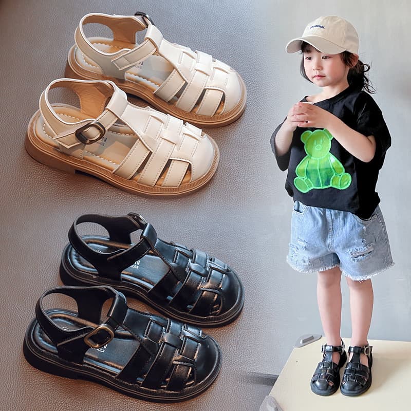 2026 Summer New Girls Sandals, Closed Toe, Soft Sole, Genuine Leather, Korean Style Woven Roman Sandals for Baby