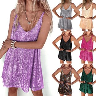 2026 In Stock Amazon Cross-Border Women's V-Neck Nightclub Sexy Hot Dress European and American Slip Dress Sequin Half Skirt