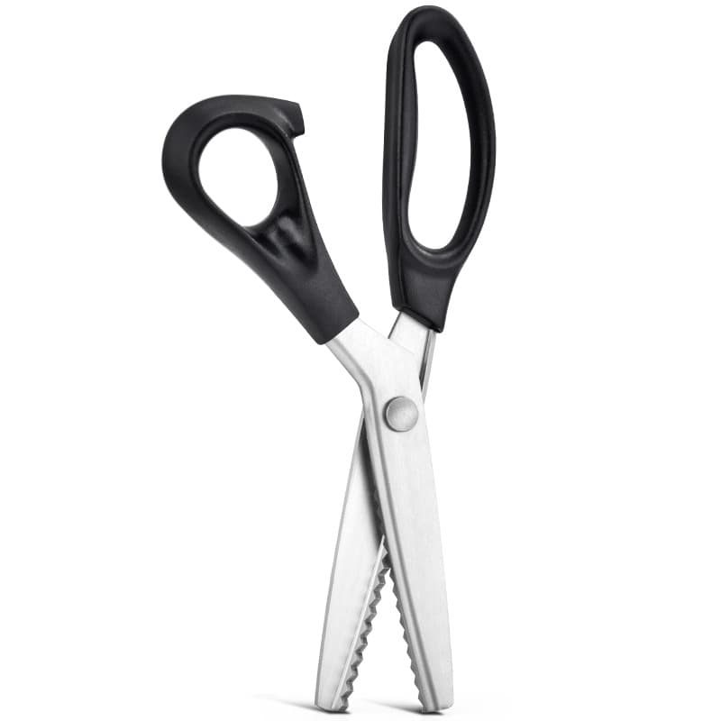Wholesale stock of triangular serrated sewing scissors, dog-tooth serrated sewing scissors, handmade lace scissors, and circular/wavy scissors.