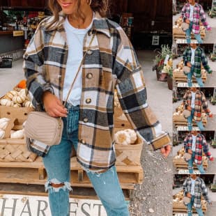 Women's clothing 2025 new autumn and winter ins influencer Amazon European and American long-sleeve turn-down collar loose plaid shirt jacket