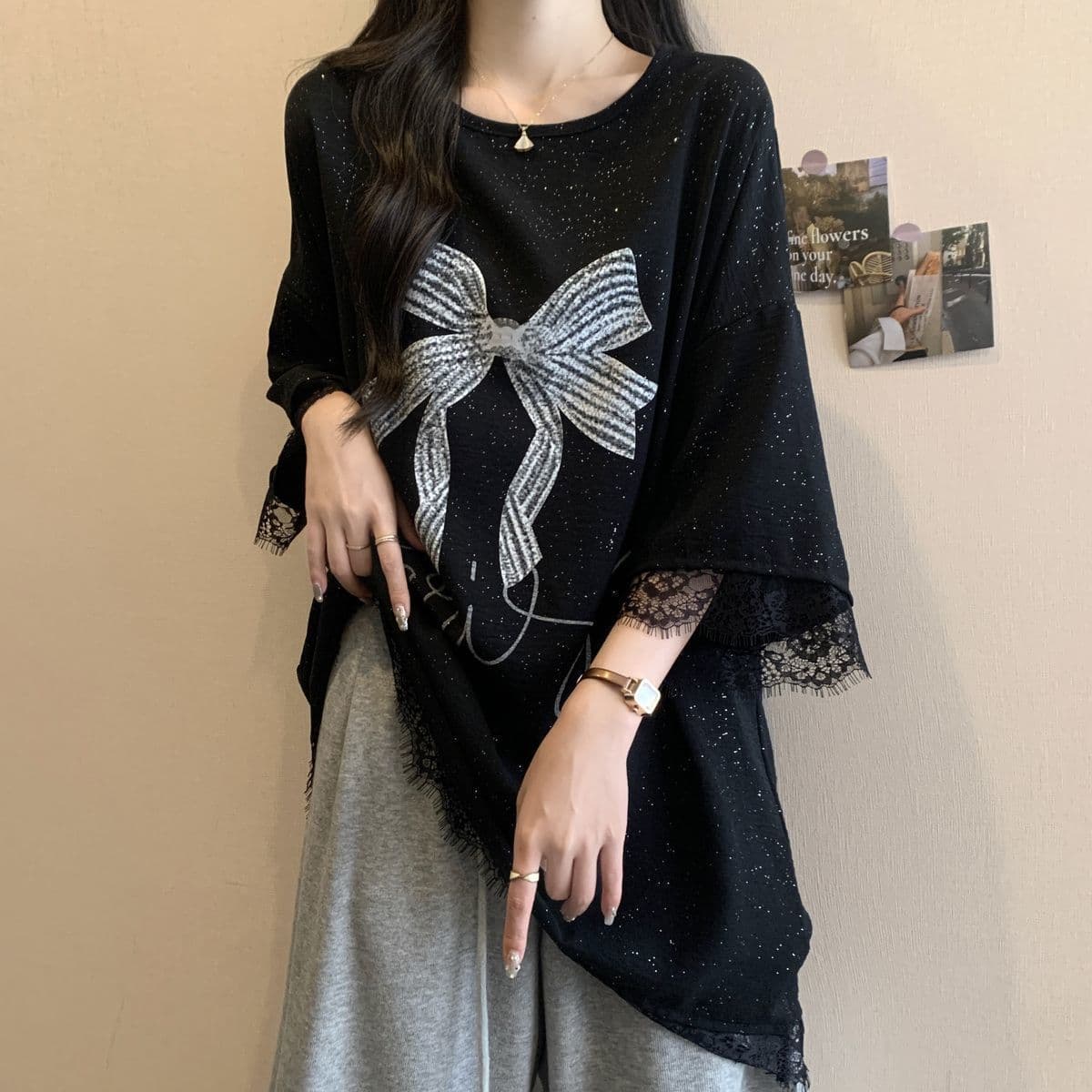 Plus Size Women's Wrinkled Ice Silk Butterfly Embroidered Starry Sky Short-Sleeve T-Shirt, New Summer Loose Slimming Top