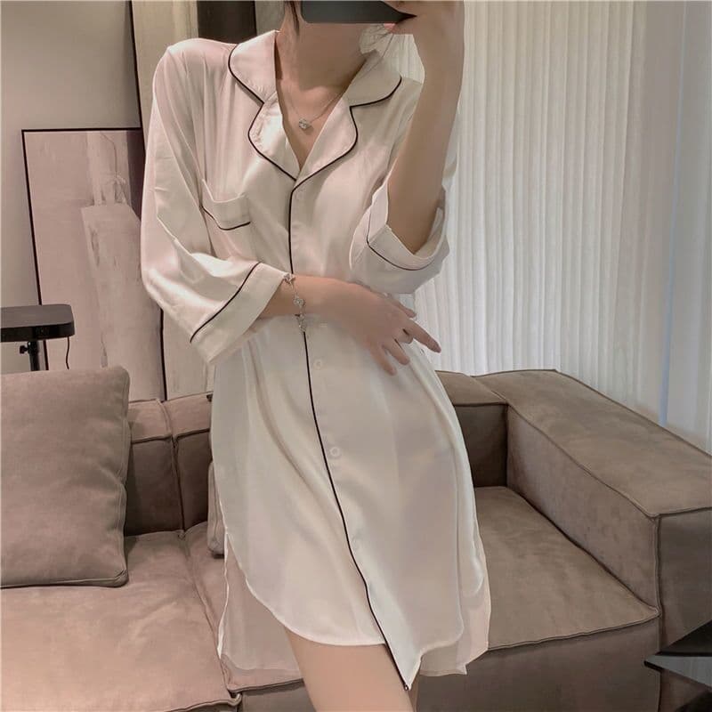 Ice Silk Pajama Dress for Women 2025 Summer New Style Boyfriend White Shirt Mid-Length Silk Sleep Dress