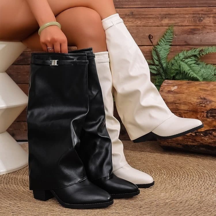 Plus Size Pleated High Heel Fashion Boots 2025 Autumn Cross-border Chunky Heel British Style High Tube Trousers Boots for Women