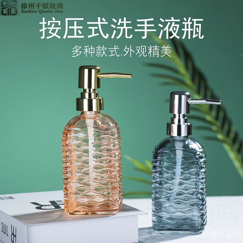 Factory Direct Supply Transparent 420ml Glass Bottle Corrugated Square Bottle Press Bottle Soap Dispenser Bathroom Repackaging Shower Gel Bottle