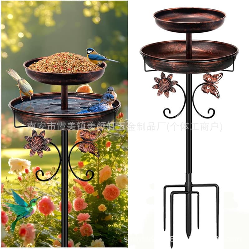 Double-layer Amazon Outdoor Metal Bird Bath Stand Feeder Garden Yard Lawn Ground Insert Iron Art