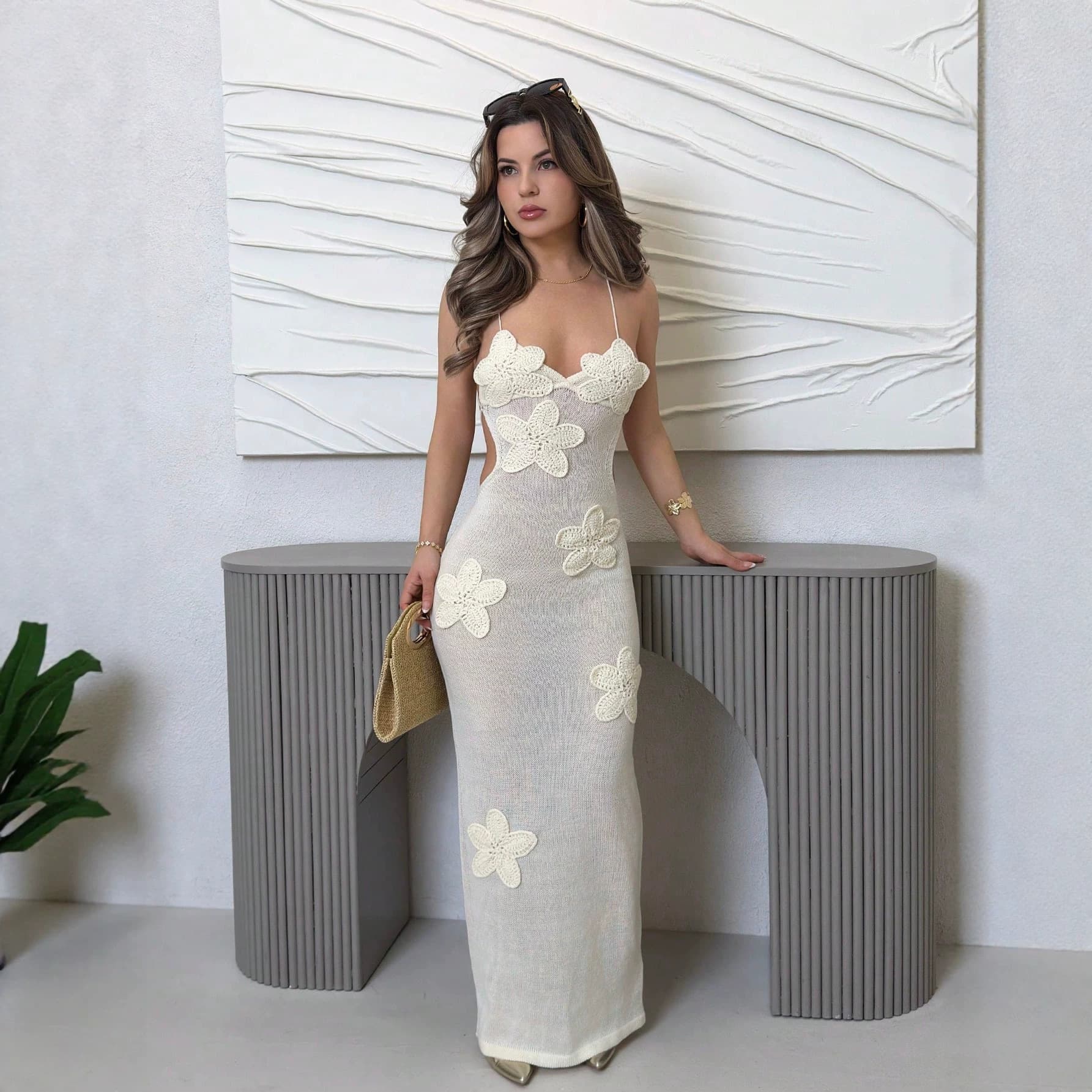 Y2K seaside vacation three-dimensional flower large backless lace-up hollow knitted slim fishtail long skirt foreign trade women's clothing