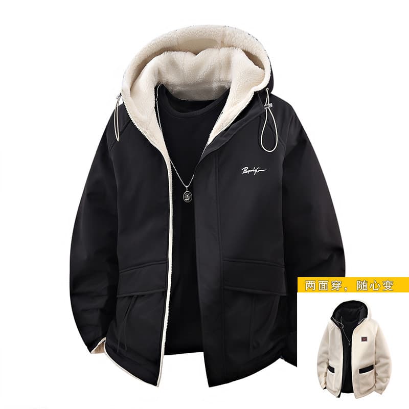 Men's Fleece Jacket Fall Winter Fleece-Lined Thickened Casual Loose Hooded Jacket Reversible Winter Cotton Coat