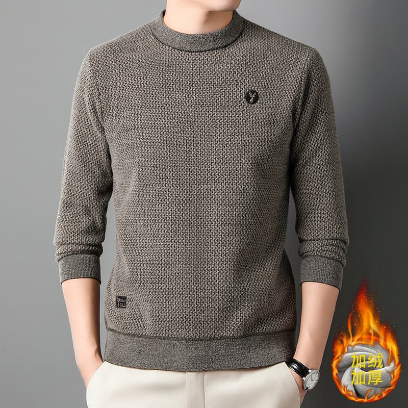 Men's Fleece-Lined Mink Knit Sweater, Fashionable Embroidered Thick Warm Base Layer Top