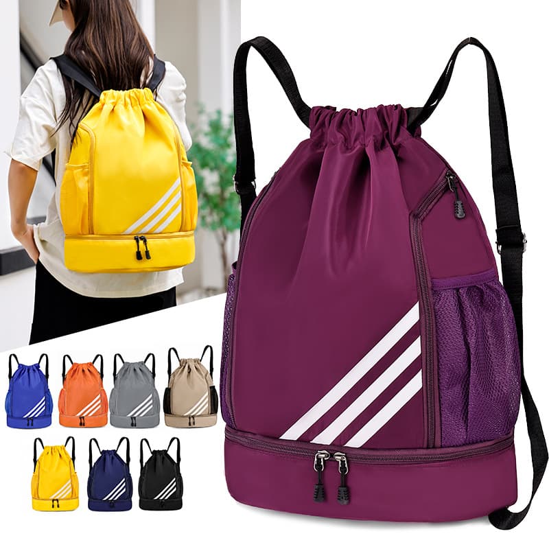 2025 hot drawstring backpack with large capacity, lightweight wet/dry compartment swim & basketball sports bag.