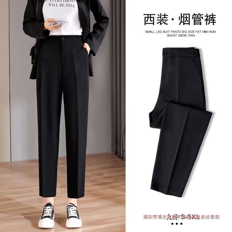 Slim-Fit Straight-Leg Trousers for Women, Spring/Summer Thin Narrow Version, 9/10 Length, Pocket Design, Elastic Waist for Petite Figures