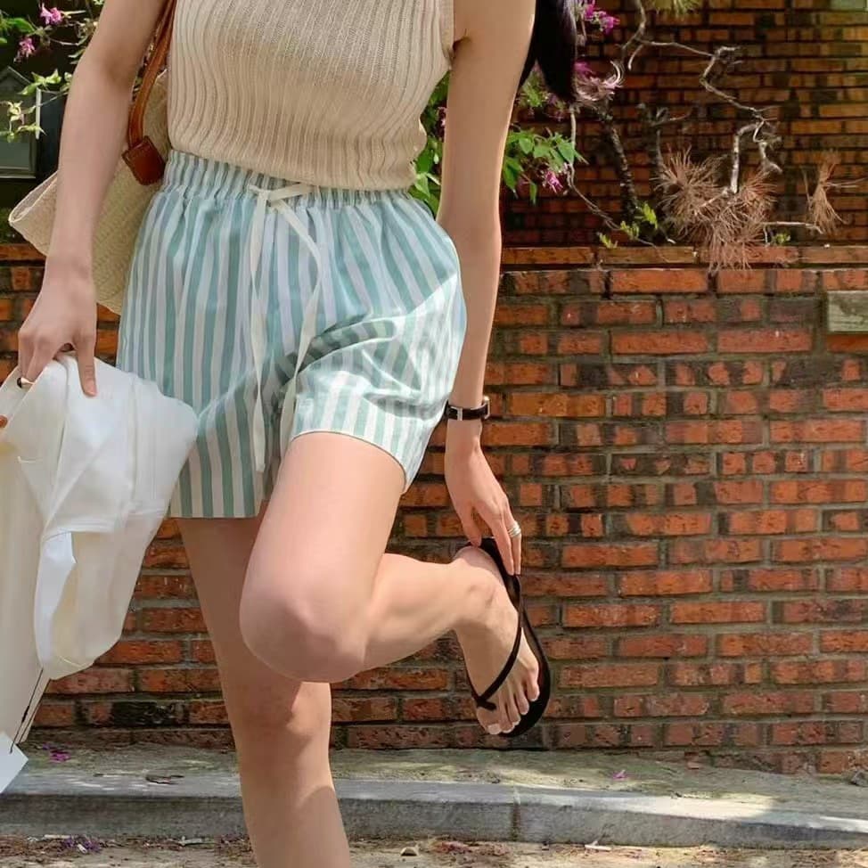 Size Updated Korean Style Versatile Summer Fresh Striped Casual Pants Drawstring Elastic Waist Shorts Women's Wear