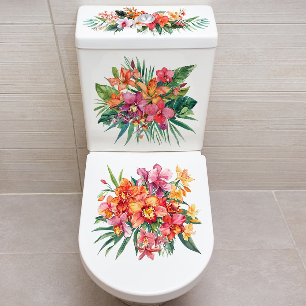 AD36306 watercolor tropical orchid green plant toilet sticker, fresh rainforest tropical style bathroom toilet sticker