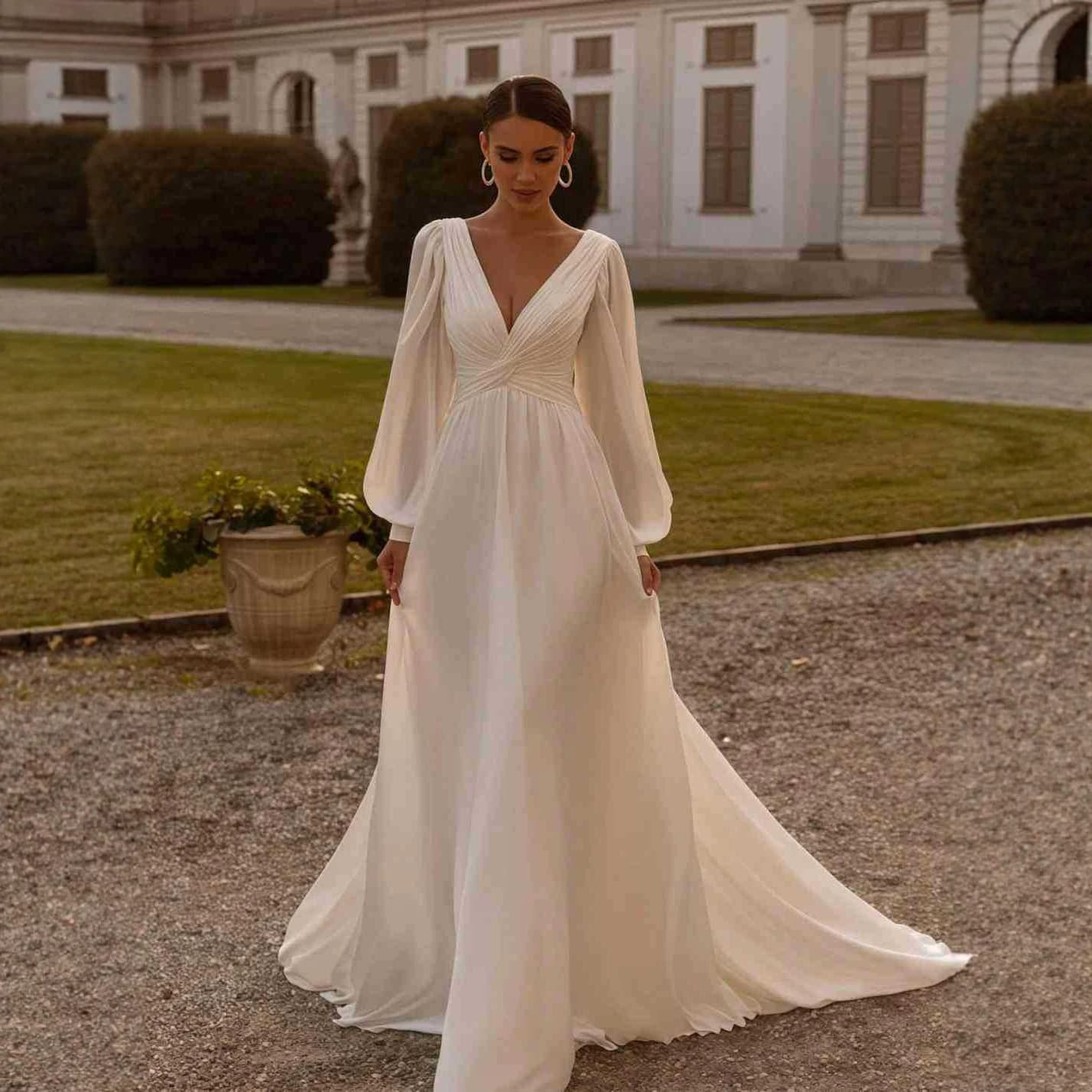 French retro deep V-neck chiffon gauze skirt AliExpress long-sleeved bridal outdoor wedding ceremony welcome wedding dress