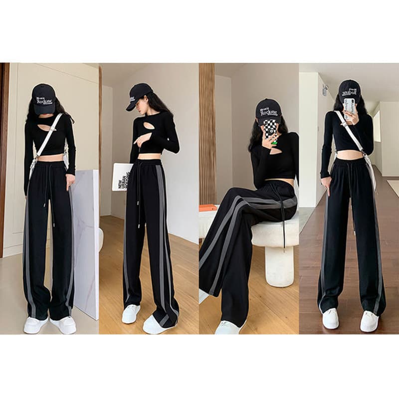 Split Hem Straight Leg Pants for Women Spring Summer Black Gray Stripe XL Black Wide Leg Pants Ins Trendy Versatile Loose Casual Pants