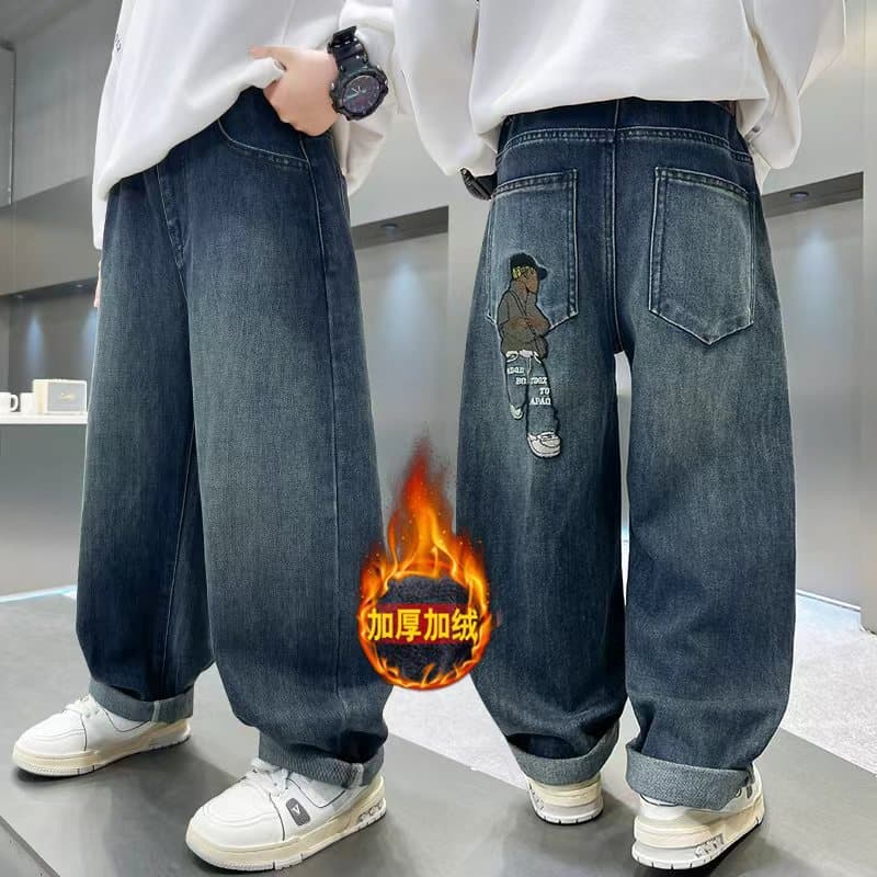 Boys' Winter Fleece-Lined Jeans 2026 New Style for Older Children, Loose Straight Pants, Children's Winter Thickened Fleece Pants