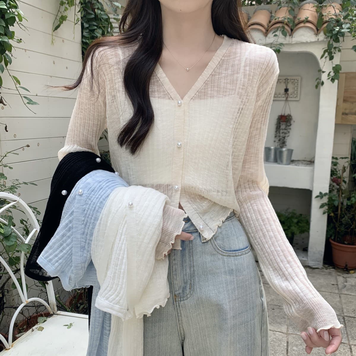2025 Summer Cardigan Women Thin Loose Ruffle Trim Short Student Knit Ice Silk
