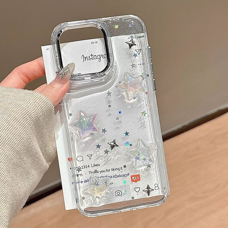 Dreamy High-End Laser Sequin Five-Pointed Star Phone Case for Apple 17 Pro Max, iPhone 16/14, Female X