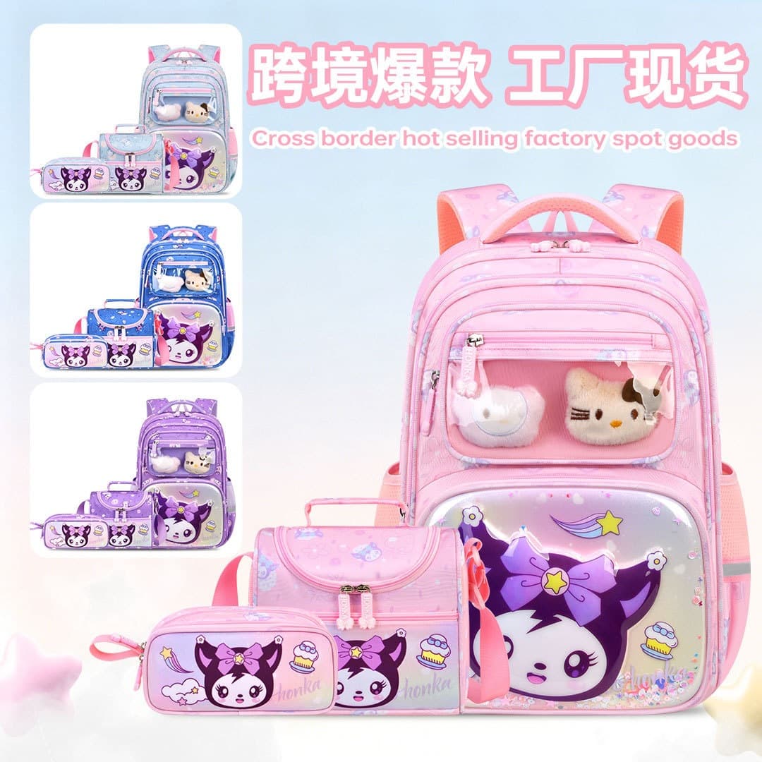Cross-border school bag set of three, Kuromi 3D hard shell backpack, cartoon lunch bag, pencil case, and backpack