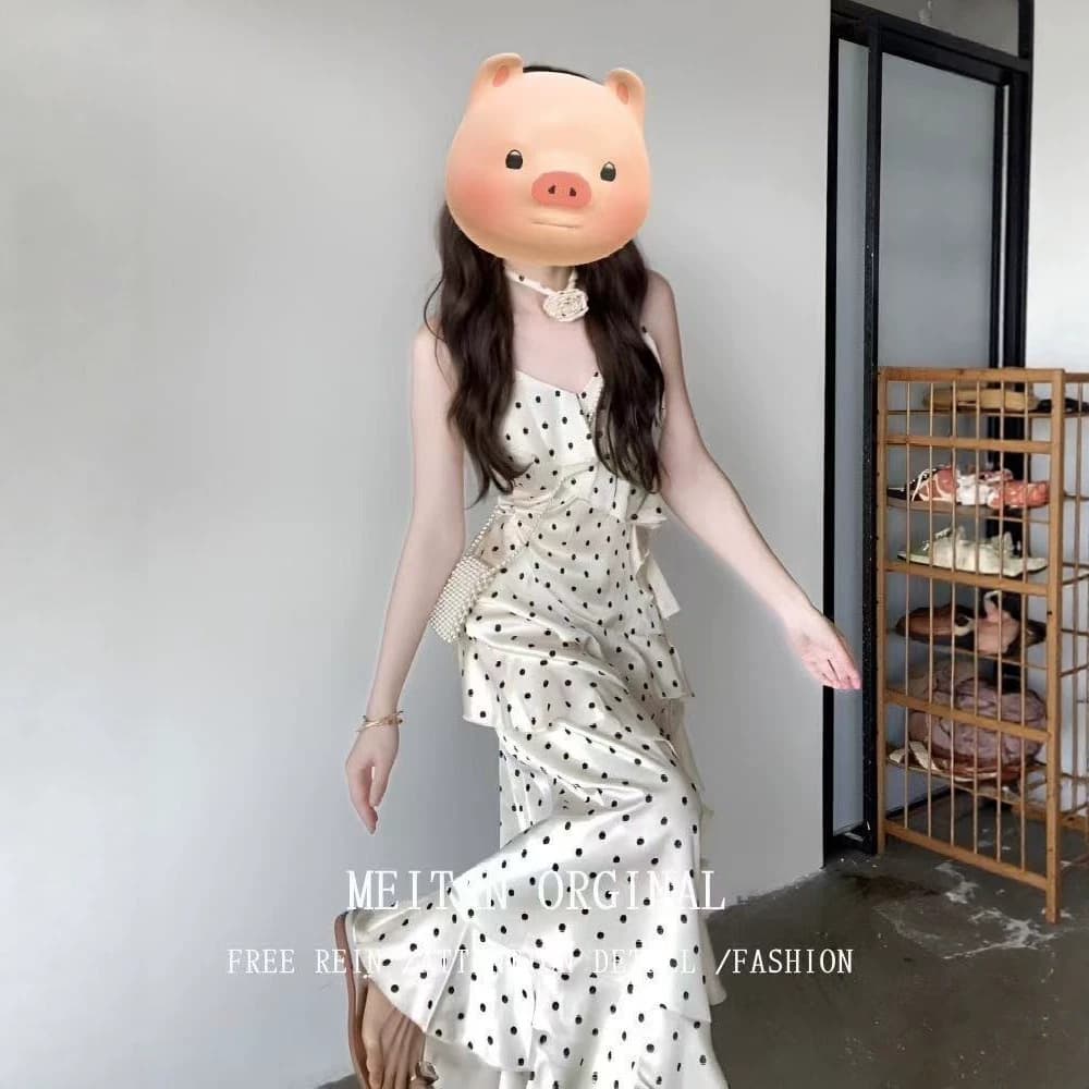 French Polka Dot Camisole Dress Women 2026 Spring Summer New High Waist Slimming Pure Desire Ruffled Hem Long Dress
