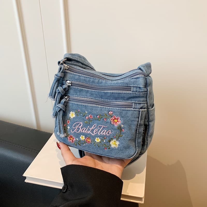 Cross-border new denim women's bag shoulder bag Korean style casual simple multi-compartment crossbody bag small daisy women's bag trendy