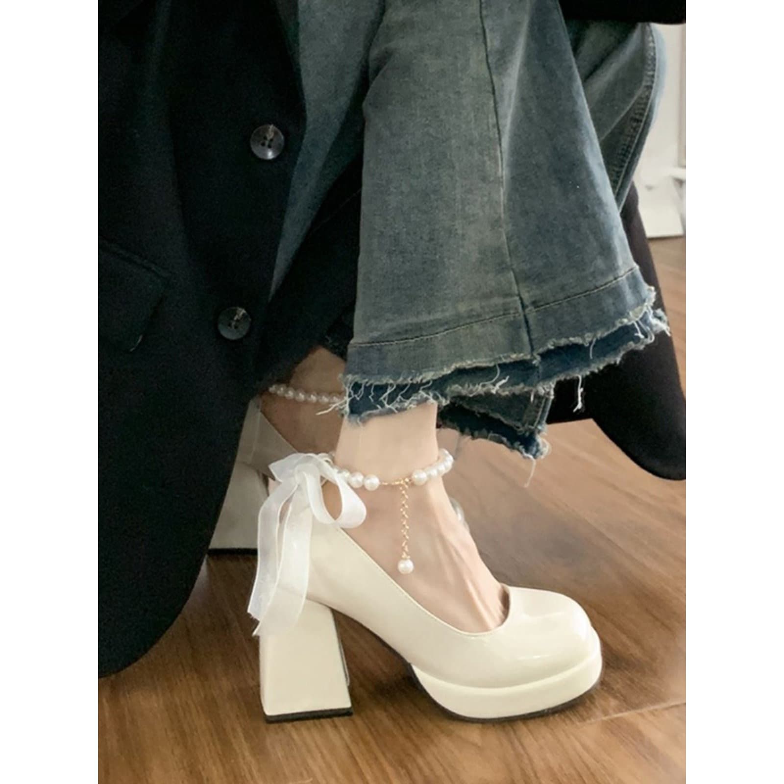 Mary Jane Women's Leather Shoes 2026 New Style, Platform Heel, White, Wedding Shoes