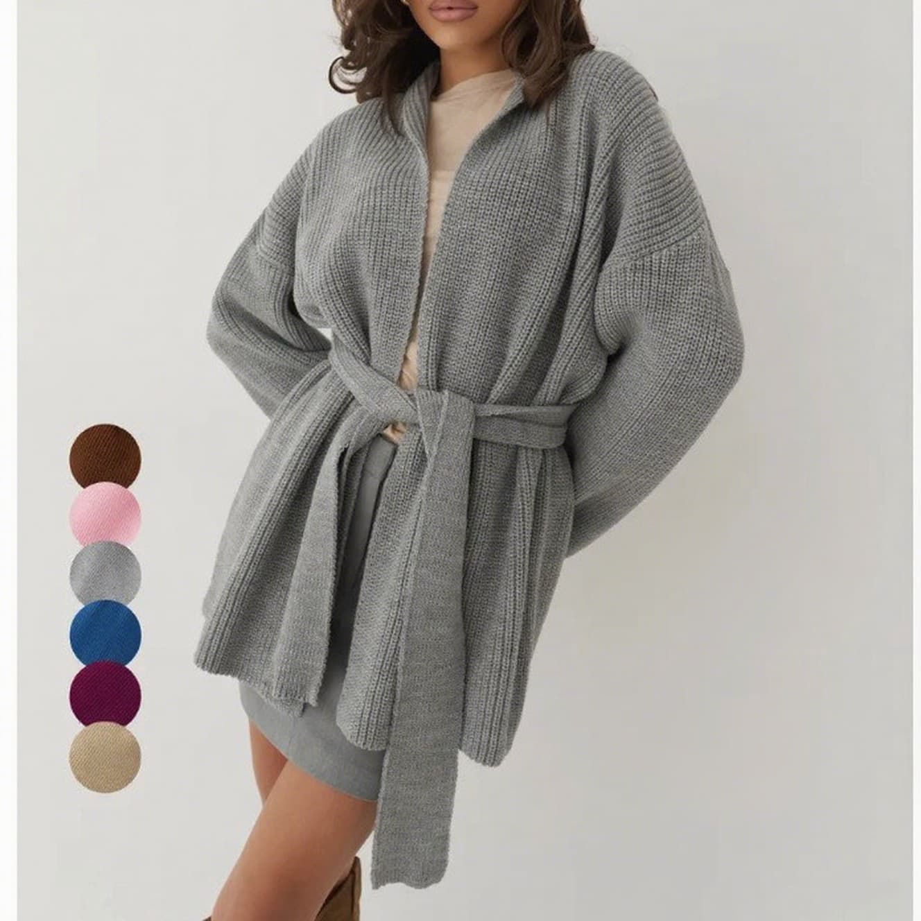 European-Style Women's Mid-Length Knitted Cardigan, New Autumn and Winter Collection, with Belt, Loose Fit, Simple and Elegant, Solid Color Sweater Coat